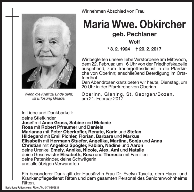  Traueranzeige für Maria Oberkircher vom 21.02.2017 aus Dolomiten