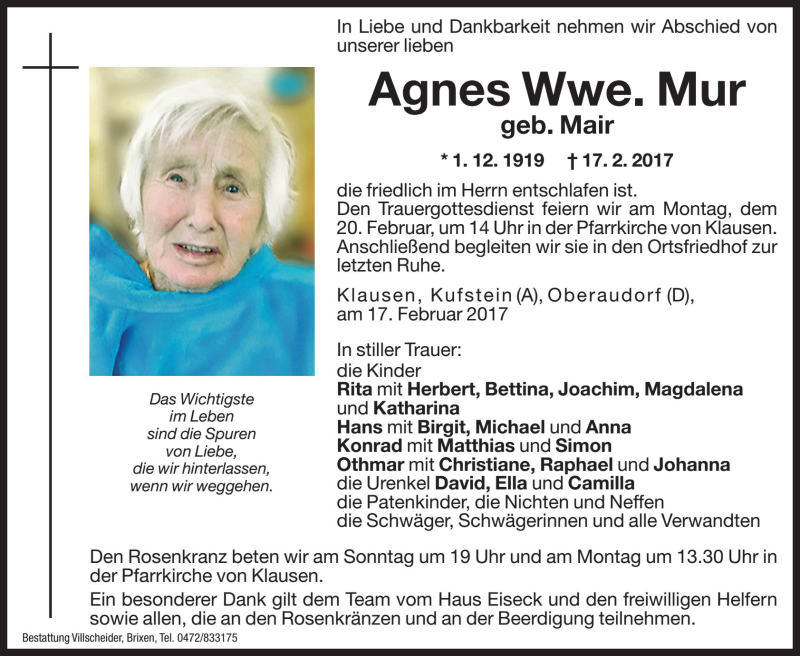  Traueranzeige für Agnes Mur vom 18.02.2017 aus Dolomiten