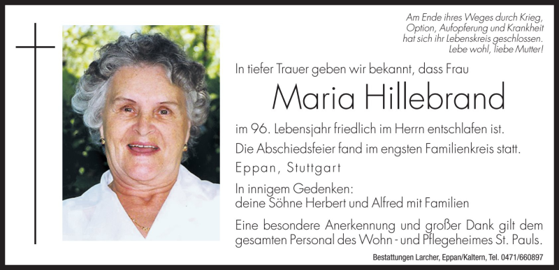  Traueranzeige für Maria Hillebrand vom 24.02.2017 aus Dolomiten