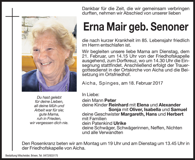  Traueranzeige für Erna Mair vom 20.02.2017 aus Dolomiten