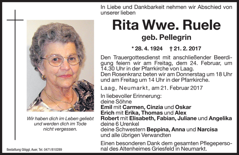  Traueranzeige für Rita Ruele vom 23.02.2017 aus Dolomiten