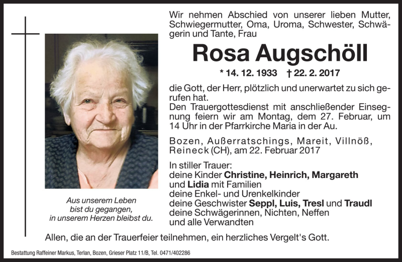  Traueranzeige für Rosa Augschöll vom 24.02.2017 aus Dolomiten