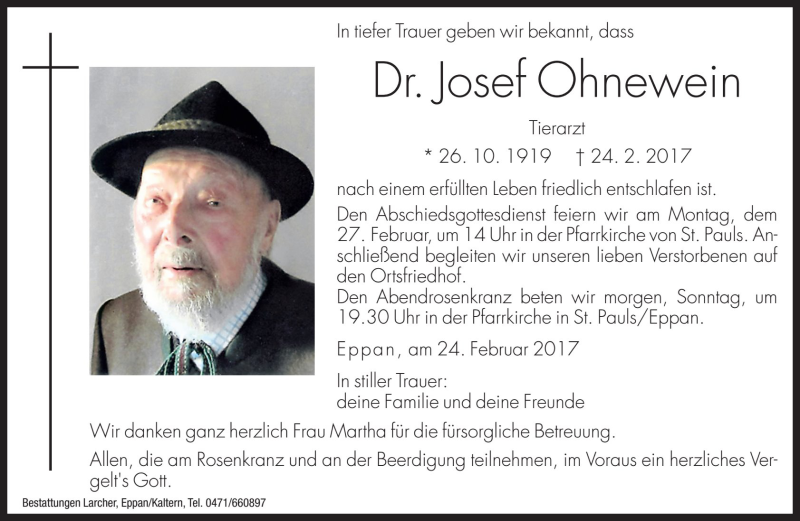  Traueranzeige für Josef Ohnewein vom 25.02.2017 aus Dolomiten
