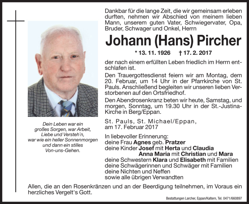  Traueranzeige für Johann Pircher vom 18.02.2017 aus Dolomiten
