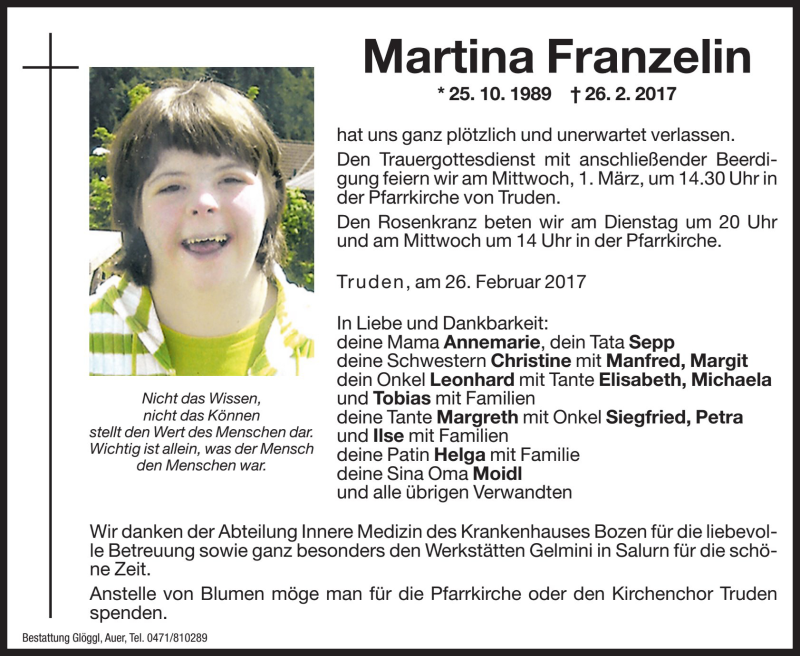  Traueranzeige für Martina Franzelin vom 28.02.2017 aus Dolomiten