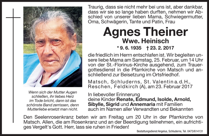  Traueranzeige für Agnes Heinisch vom 24.02.2017 aus Dolomiten