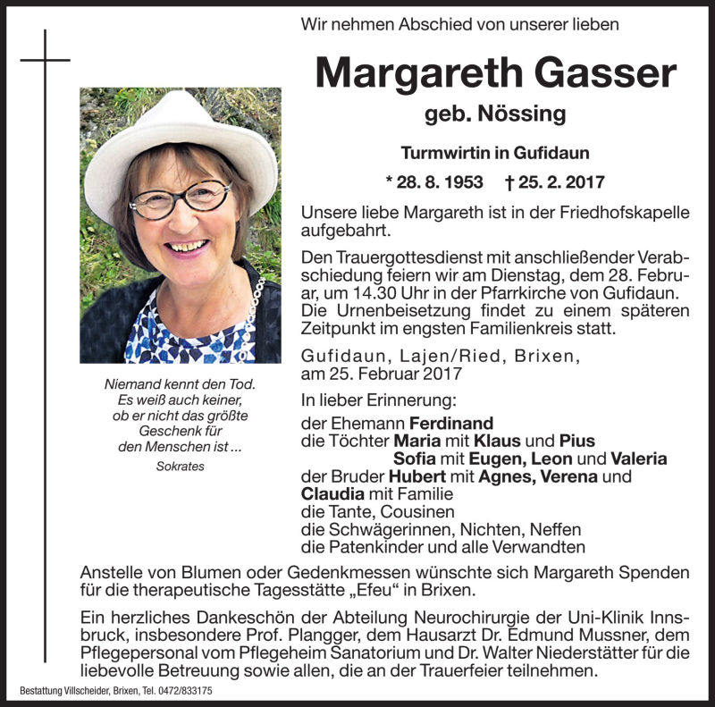  Traueranzeige für Margareth Gasser vom 27.02.2017 aus Dolomiten