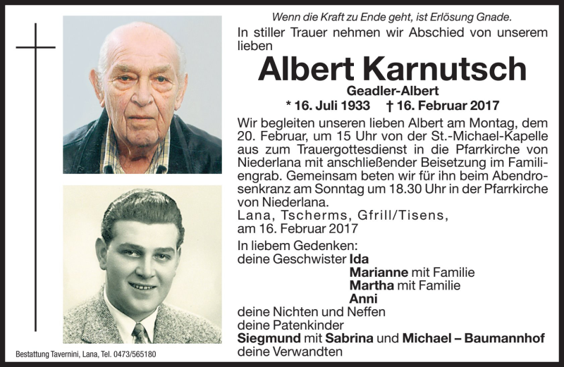  Traueranzeige für Albert Karnutsch vom 18.02.2017 aus Dolomiten