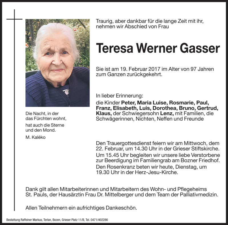 Traueranzeige für Teresa  Gasser vom 21.02.2017 aus Dolomiten
