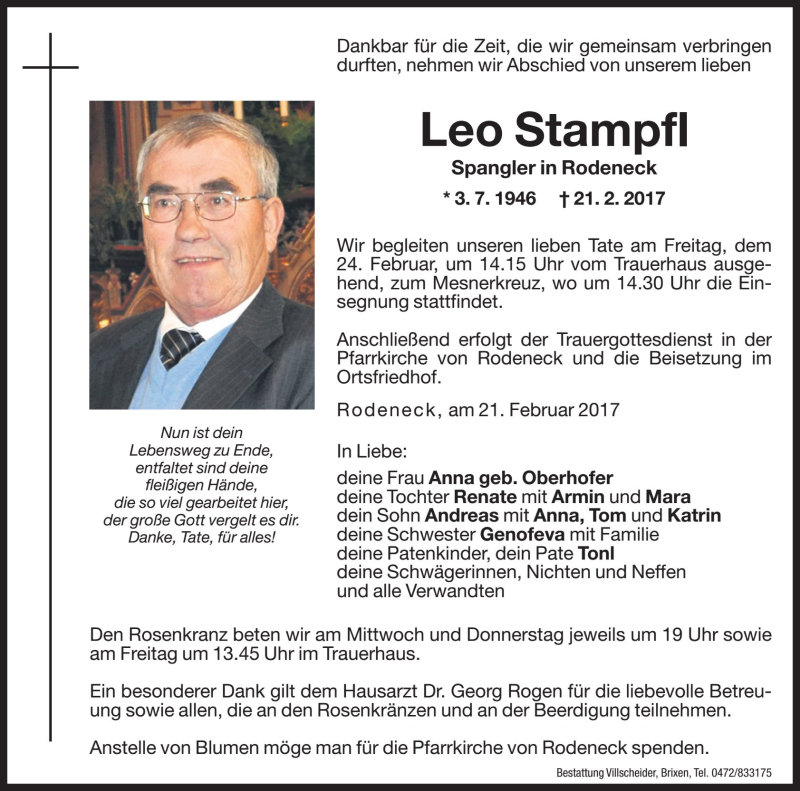  Traueranzeige für Leo Stampfl vom 22.02.2017 aus Dolomiten