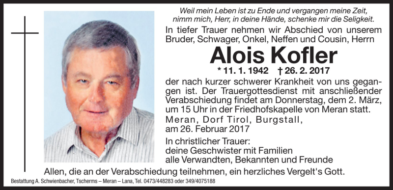  Traueranzeige für Alois Kofler vom 28.02.2017 aus Dolomiten