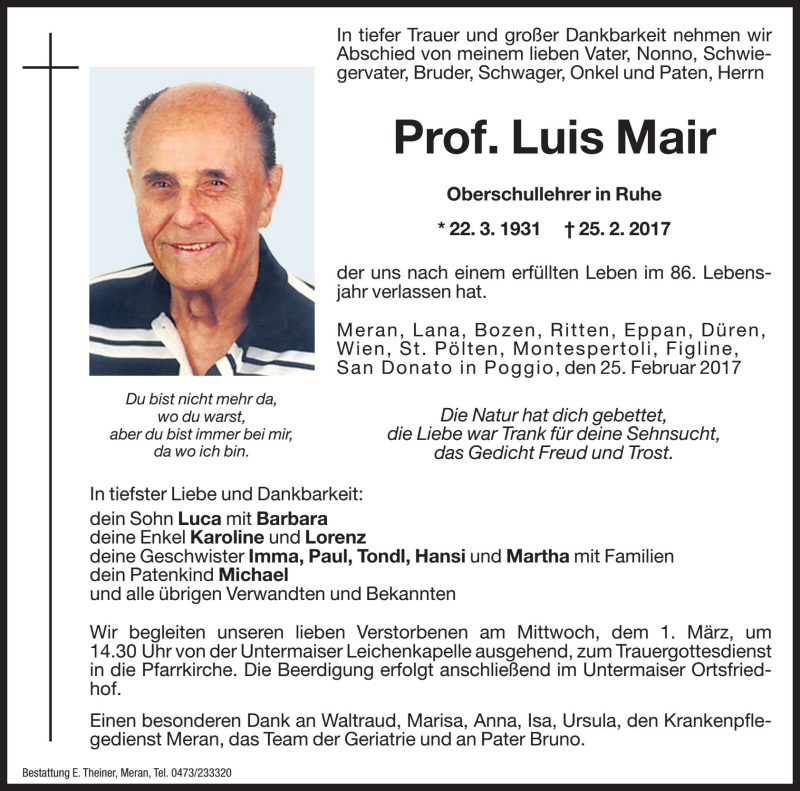  Traueranzeige für Luis Mair vom 27.02.2017 aus Dolomiten