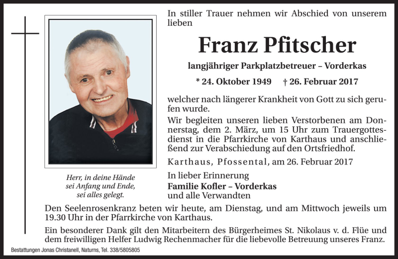  Traueranzeige für Franz Pfitscher vom 28.02.2017 aus Dolomiten