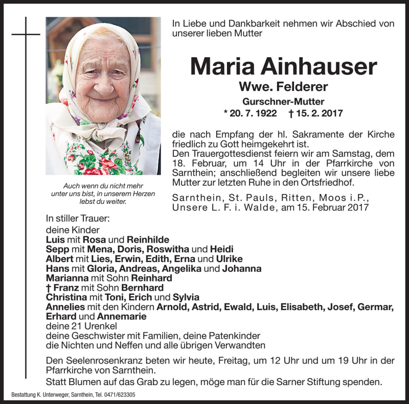 Traueranzeige für Maria Felderer vom 17.02.2017 aus Dolomiten