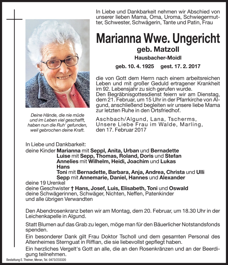  Traueranzeige für Marianna Ungericht vom 20.02.2017 aus Dolomiten