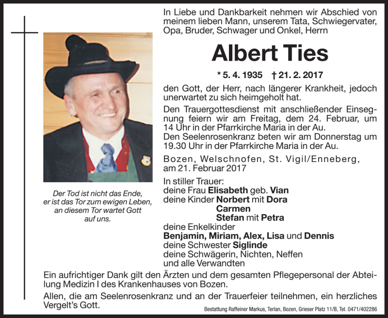  Traueranzeige für Albert Ties vom 22.02.2017 aus Dolomiten