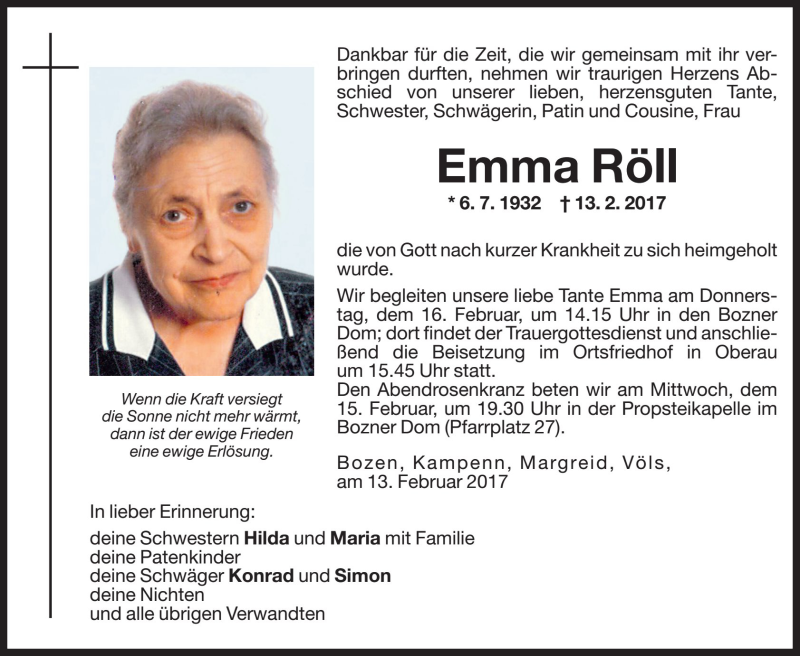  Traueranzeige für Emma Röll vom 15.02.2017 aus Dolomiten