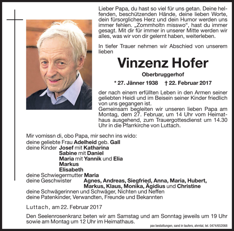  Traueranzeige für Vinzenz Hofer vom 25.02.2017 aus Dolomiten