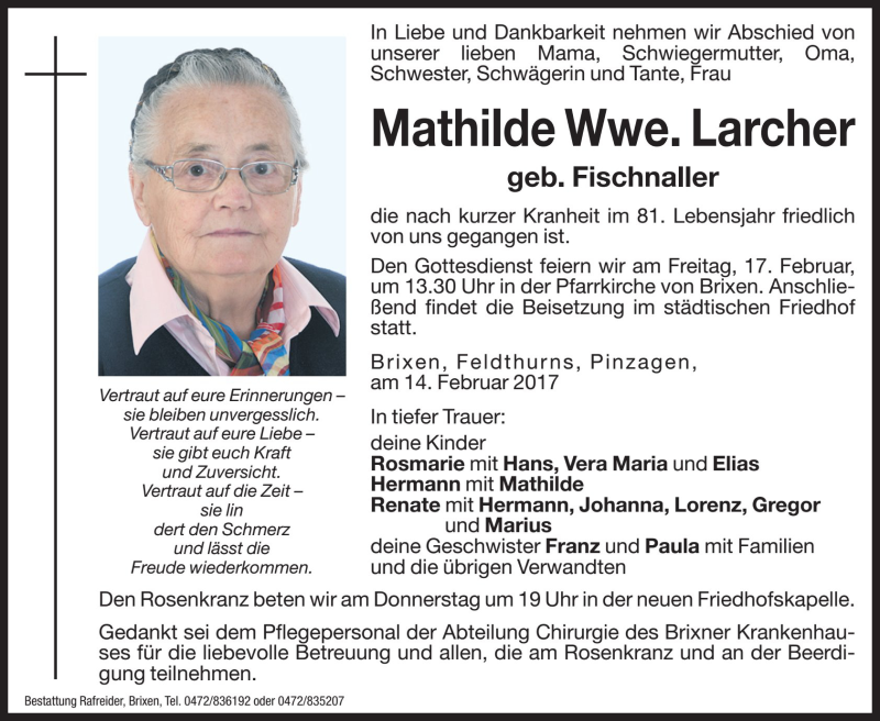  Traueranzeige für Mathilde Larcher vom 15.02.2017 aus Dolomiten