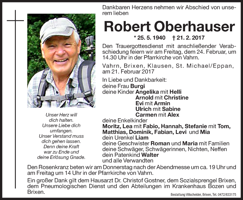  Traueranzeige für Robert Oberhauser vom 23.02.2017 aus Dolomiten