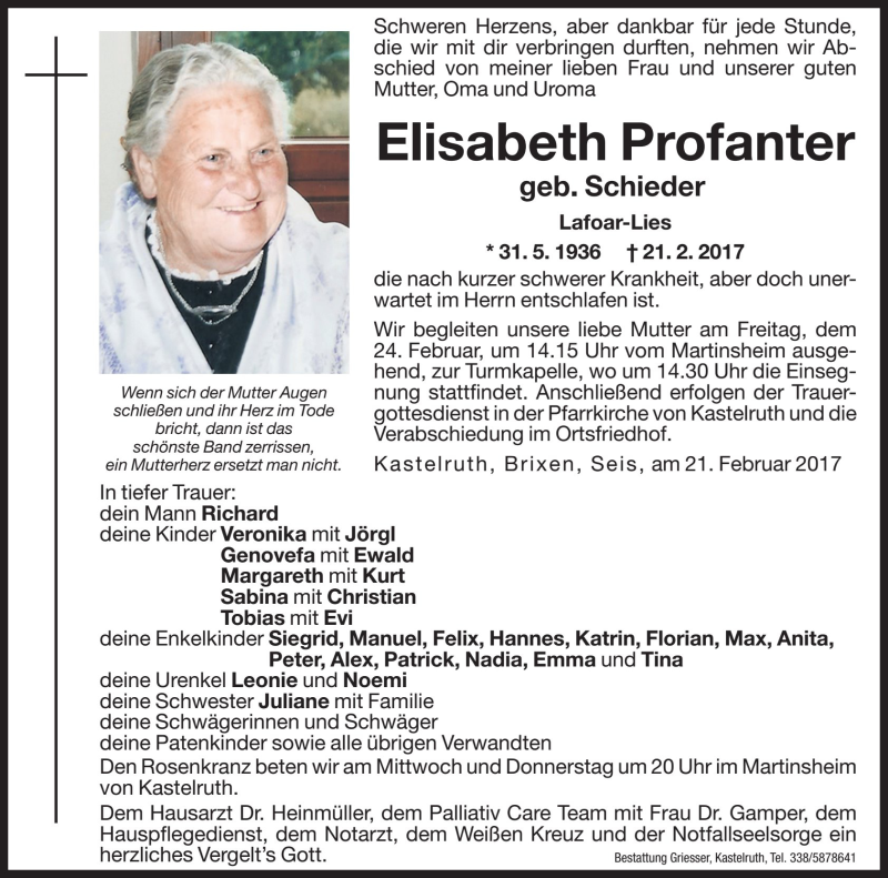  Traueranzeige für Elisabeth Profanter vom 22.02.2017 aus Dolomiten