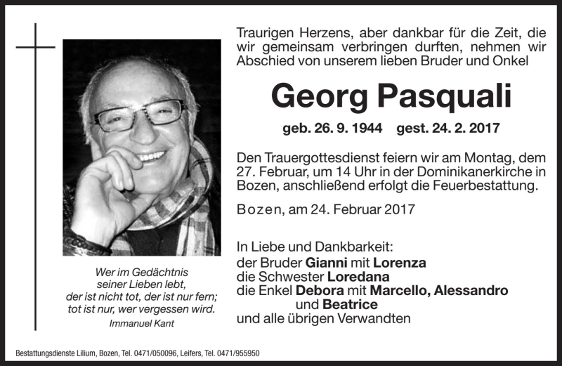  Traueranzeige für Georg Pasquali vom 25.02.2017 aus Dolomiten