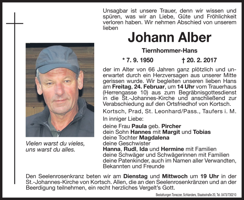 Traueranzeige für Johann Alber vom 21.02.2017 aus Dolomiten