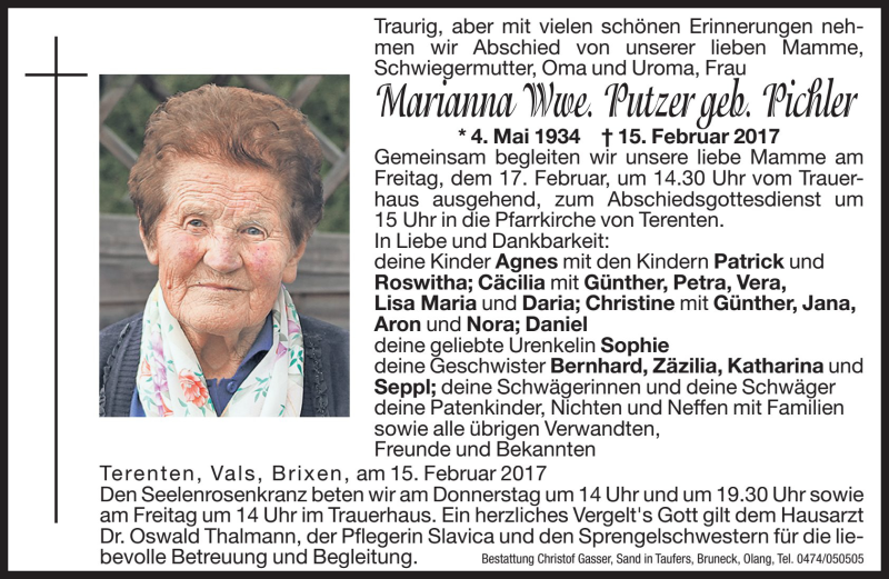  Traueranzeige für Marianna Putzer vom 16.02.2017 aus Dolomiten