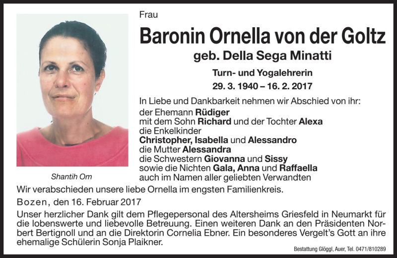  Traueranzeige für Ornella Baronin von der Goltz vom 17.02.2017 aus Dolomiten