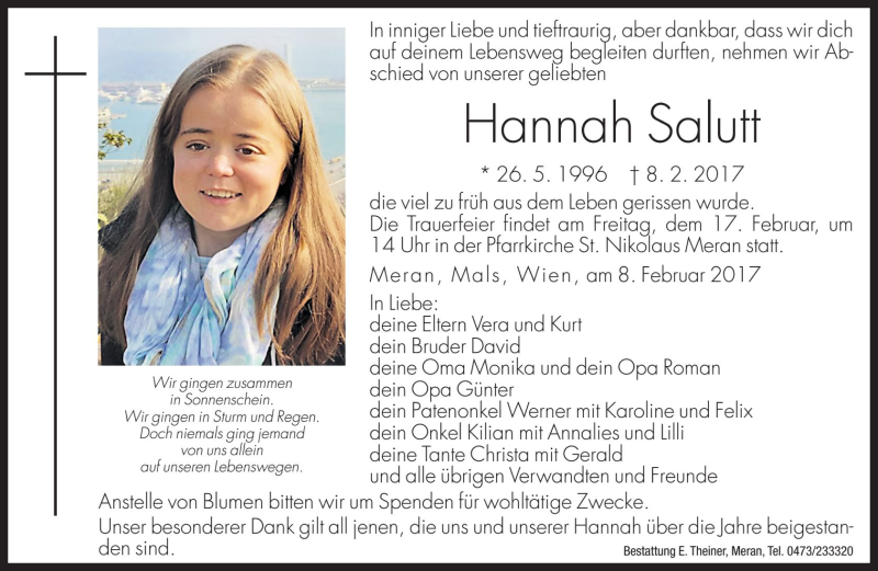  Traueranzeige für Hannah Salutt vom 15.02.2017 aus Dolomiten