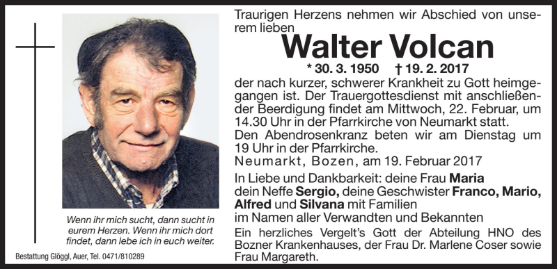  Traueranzeige für Walter Volcan vom 20.02.2017 aus Dolomiten