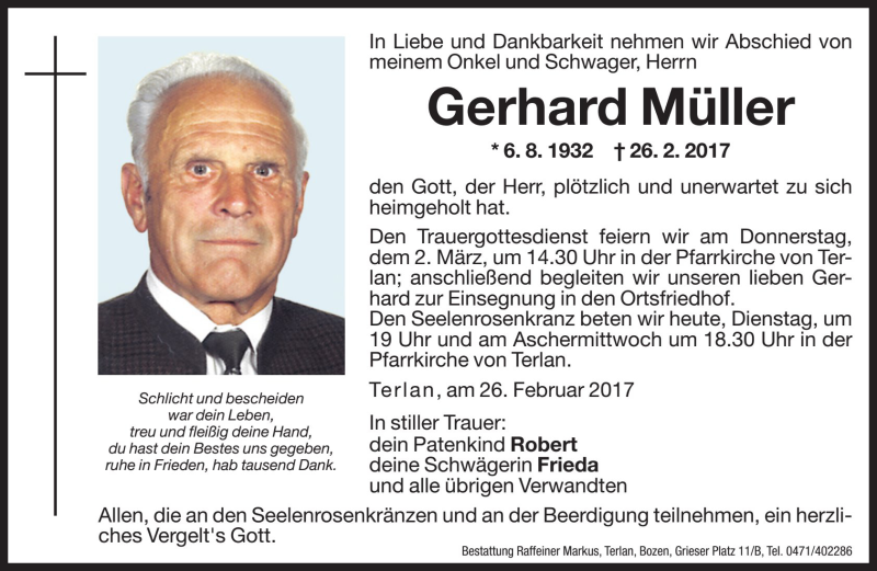  Traueranzeige für Gerhard Müller vom 28.02.2017 aus Dolomiten