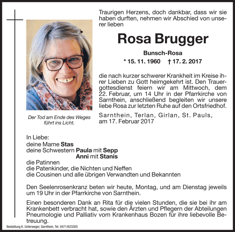  Traueranzeige für Rosa Brugger vom 20.02.2017 aus Dolomiten