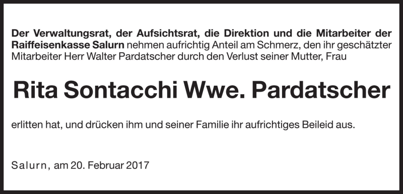  Traueranzeige für Rita  Pardatscher vom 20.02.2017 aus Dolomiten