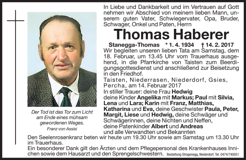  Traueranzeige für Thomas Haberer vom 17.02.2017 aus Dolomiten