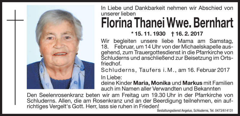  Traueranzeige für Florina Bernhart vom 17.02.2017 aus Dolomiten