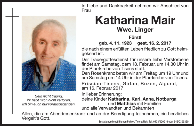  Traueranzeige für Katharina Linger vom 17.02.2017 aus Dolomiten