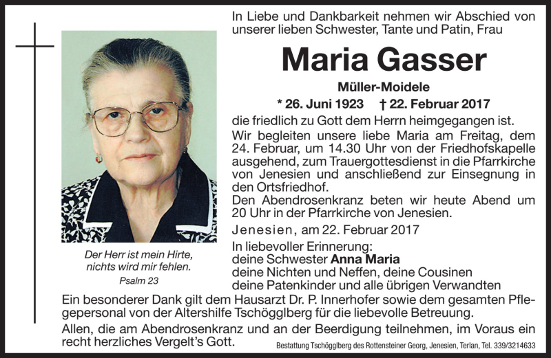  Traueranzeige für Maria Gasser vom 23.02.2017 aus Dolomiten