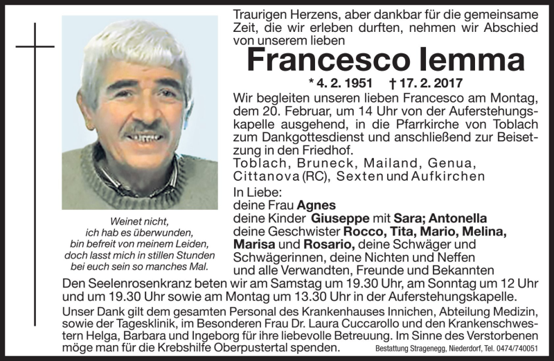  Traueranzeige für Francesco Iemma vom 18.02.2017 aus Dolomiten