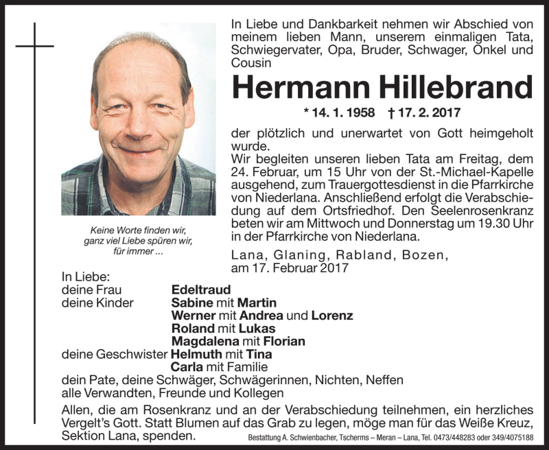  Traueranzeige für Hermann Hillebrand vom 21.02.2017 aus Dolomiten