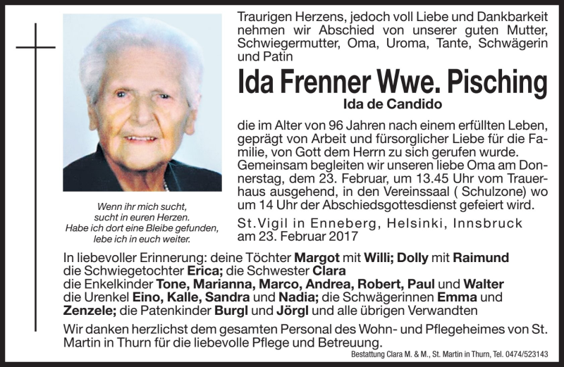  Traueranzeige für Ida Pisching vom 22.02.2017 aus Dolomiten