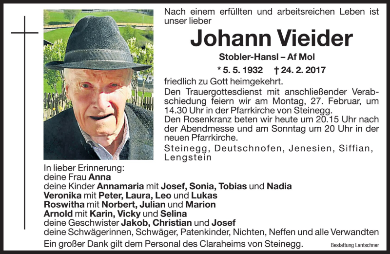  Traueranzeige für Johann Vieider vom 25.02.2017 aus Dolomiten