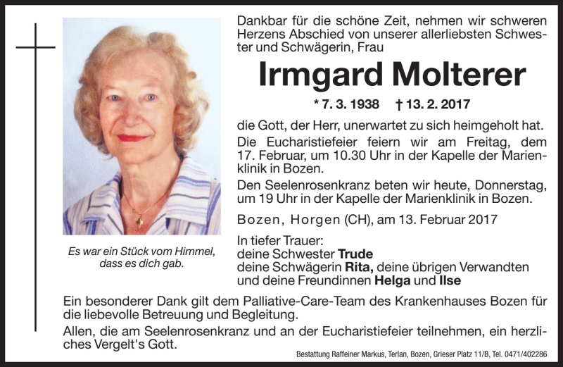  Traueranzeige für Irmgard Molterer vom 16.02.2017 aus Dolomiten