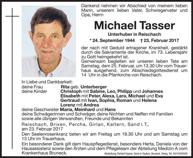  Traueranzeige für Michael Tasser vom 24.02.2017 aus Dolomiten