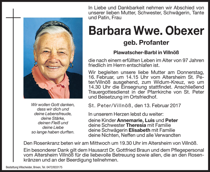  Traueranzeige für Barbara Obexer vom 15.02.2017 aus Dolomiten