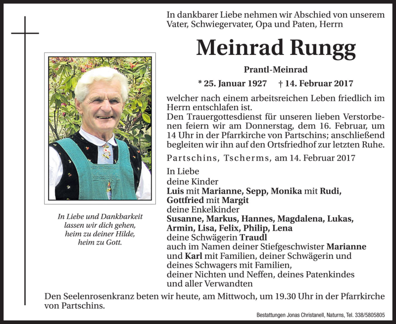  Traueranzeige für Meinrad Rungg vom 15.02.2017 aus Dolomiten