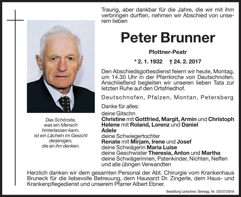  Traueranzeige für Peter Brunner vom 27.02.2017 aus Dolomiten