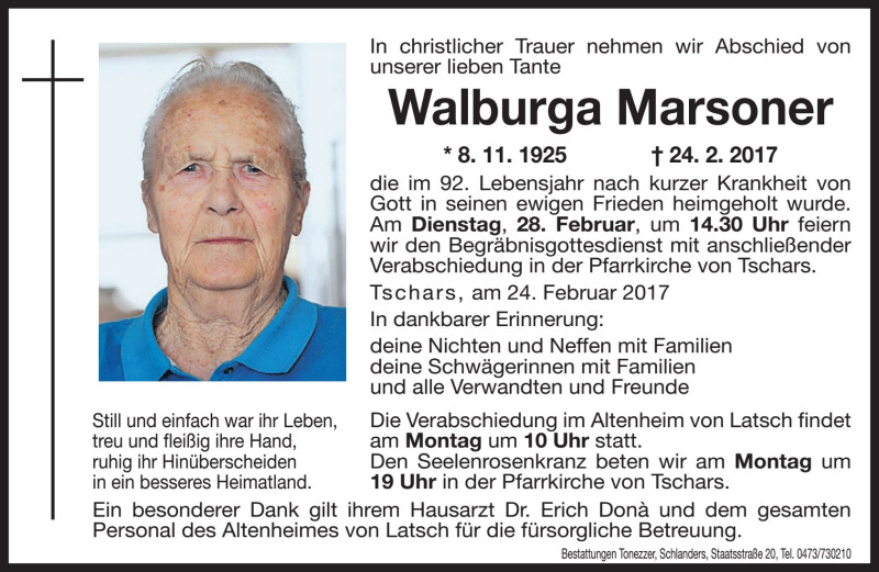  Traueranzeige für Walburga Marsoner vom 25.02.2017 aus Dolomiten