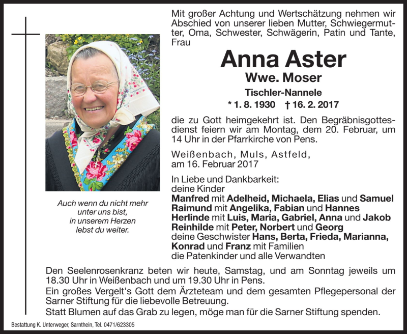  Traueranzeige für Anna Moser vom 18.02.2017 aus Dolomiten