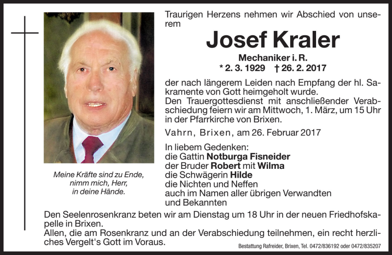  Traueranzeige für Josef Kraler vom 28.02.2017 aus Dolomiten